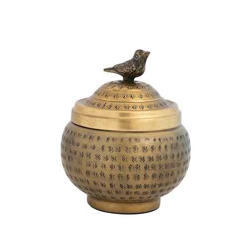 Round Hammered Metal Container with Bird Finial, Brass Finish - size: 6 inches (Diameter) x 7 inches (Height), style: Bird