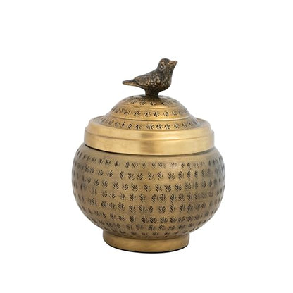 Round Hammered Metal Container with Bird Finial, Brass Finish - size: 6 inches (Diameter) x 7 inches (Height), style: Bird