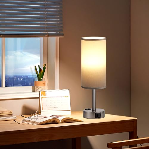Fenmzee Grey Bedside Lamp for Bedroom, Dimmable Touch, USB A+C, AC Outlet - color: Grey - Grey, size: 14"