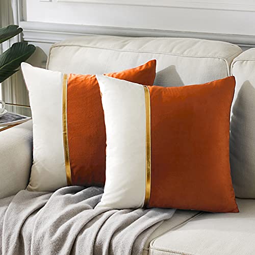 Fancy Homi 2 Packs Fall Decorative Throw Pillow Covers 20x20 Inch for Living Room Couch, Brunt Orange and White Velvet Patchwork with Gold Leather, Luxury Modern Home Decor Cute Cushion Case 50x50 cm - color: Orange, size: 20" x 20" (Pack of 2)