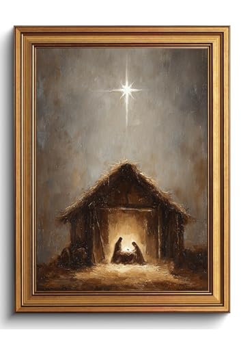 Vintage Gold Framed Christmas Wall Art Christian Nativity Canvas Print - color: Holy Night, size: 16"L x 12"W