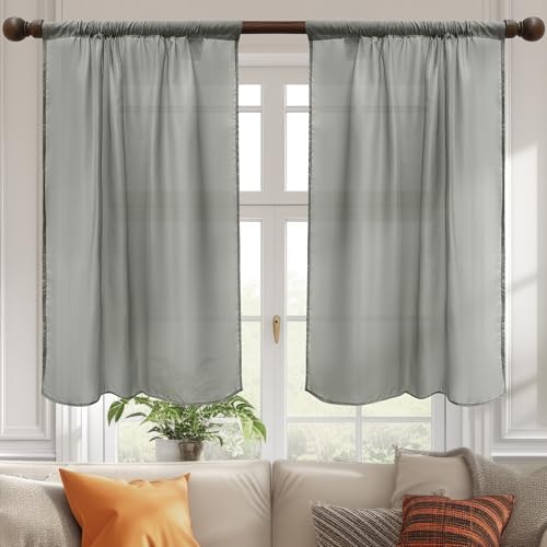 Sheer Curtains 2 Panels - Rod Pocket Voile & Tulle Curtains & Drapes for Living Room, 29" W x 24" L Lightweight Transparent Decorative Sheer Panels Window Treatments for Kitchen Bedroom, Grey - color: Grey, size: 29"W x 24"L (Pack of 2)