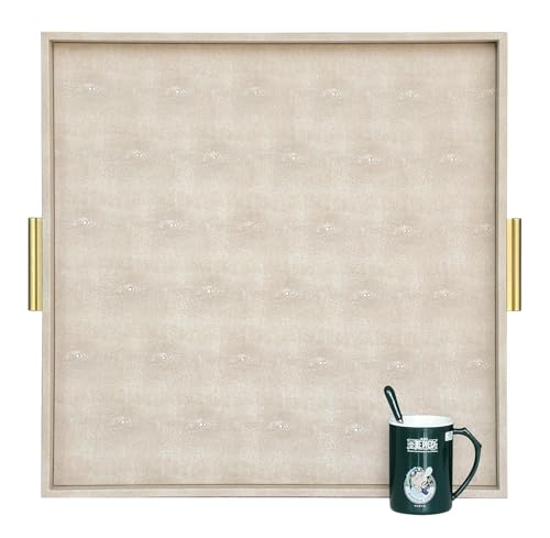 HofferRuffer Extra Large Square Serving Tray, Elegant Faux Leather Ottoman Tray with Gold Hardware Handles, Serve Tea, Coffee or Breakfast in Bed, 24 x 24 inches (Light Grey, 24" x 24" x 2") - color: Light Grey, size: 24" x 24" x 2"