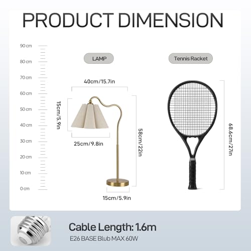 Table Lamp with Beige Pleated Linen Shade, Curved Gold Metal Base, E26 Socket – 23" Tall Modern Bedside Desk Lamp for Bedroom, Living Room, Office – Bulb Not Included - color: Gold