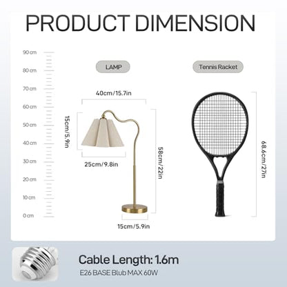 Table Lamp with Beige Pleated Linen Shade, Curved Gold Metal Base, E26 Socket – 23" Tall Modern Bedside Desk Lamp for Bedroom, Living Room, Office – Bulb Not Included - color: Gold