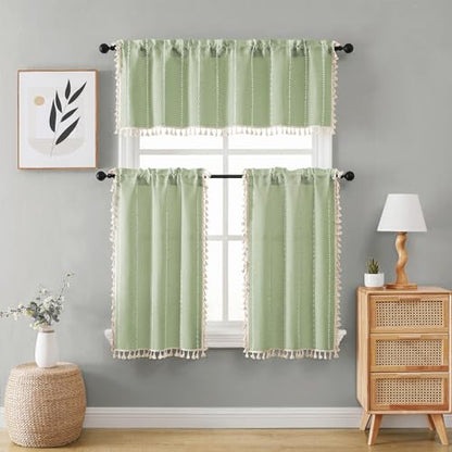 BTTN Small Boho Linen Striped Window Valance Curtain, 52Wx18L, Sage Green - color: Sage Green, size: 52"W x 18"L (Pack of 1)