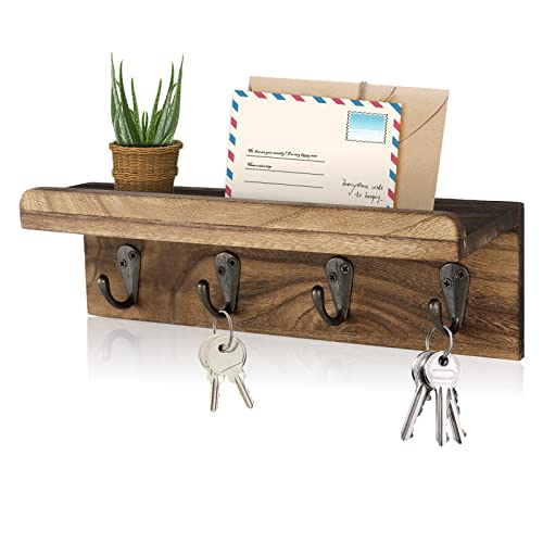 Key Holder Wall Mount, Farmhouse Wall Shelf with 4 Hooks for Entryway - color: Brown