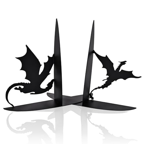 Metal Dragon Bookends Fantasy Book Holder Cool Dragon Book Ends Decorative - color: Black