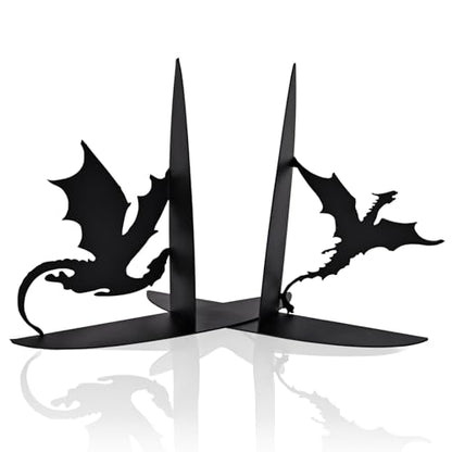 Metal Dragon Bookends Fantasy Book Holder Cool Dragon Book Ends Decorative - color: Black