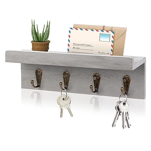 Key Holder Wall Mount, Farmhouse Wall Shelf with 4 Hooks for Entryway - color: Gray