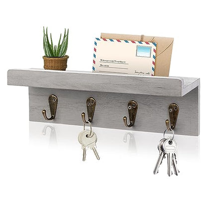 Key Holder Wall Mount, Farmhouse Wall Shelf with 4 Hooks for Entryway - color: Gray
