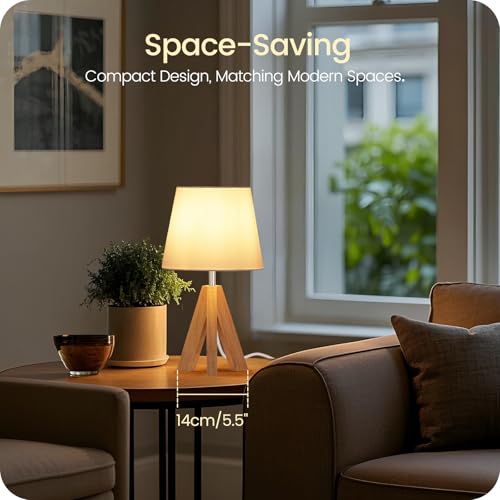 Small Tripod Table Lamp, Modern Nightstand Lamp with Fabric Shade, Boho Bedside Wood Desk Light for Bedroom, Kids Room, Living Room, Office, Study, White, W51TL05 - color: White+Natural Wood