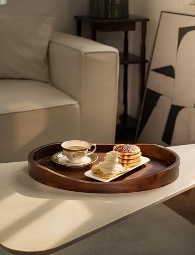 TIDITA Acacia Oval Wooden Serving Tray with Handle, 20"x15", Walnut Color - color: Walnut, size: 20" x 15" x 2.2"