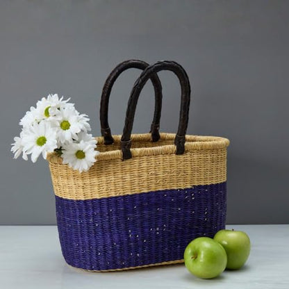 African Market Basket with Leather Handles, Blue Woven Bolga Market Basket, 12" Wide - color: Blue