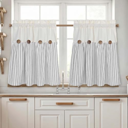 DOSLY IDÉES Spa Waffle and Gray Striped Curtains, 26" W x 24" L - color: Beige & Gray Striped, size: 26"W x 24"L (Pack of 2)