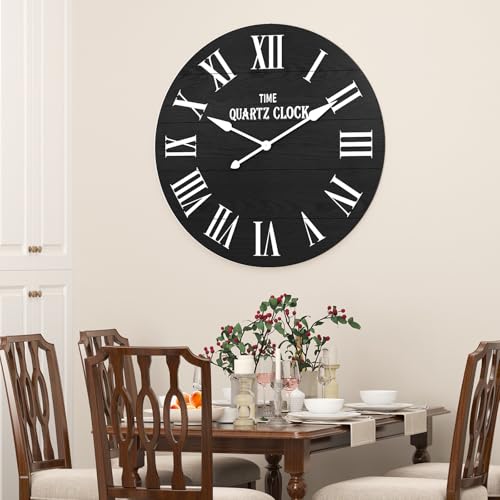 ARTPOWER 35.5" Extra Large Farmhouse Wall Clock,Solid Wood Veneer,Black - color: Black, size: 35.5"W x 35.5"H