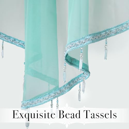 WUBODTI Teal Sheer Valance Curtains for Bathroom Windows, Summer Boho Crystal Beads Tassel Triangle Sheer Kitchen Swag Curtain Valance for Bedroom Living Room Cafe Farmhouse,3PCs, Each W51 x L24 - color: Turquoise