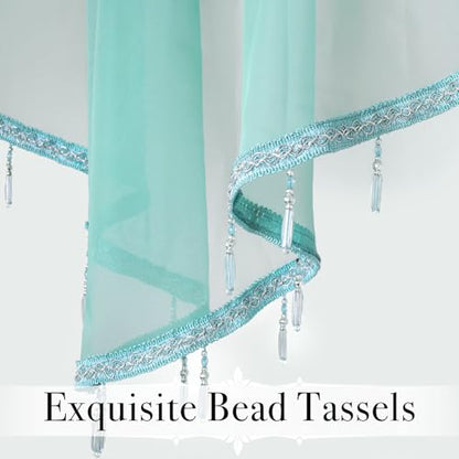 WUBODTI Teal Sheer Valance Curtains for Bathroom Windows, Summer Boho Crystal Beads Tassel Triangle Sheer Kitchen Swag Curtain Valance for Bedroom Living Room Cafe Farmhouse,3PCs, Each W51 x L24 - color: Turquoise