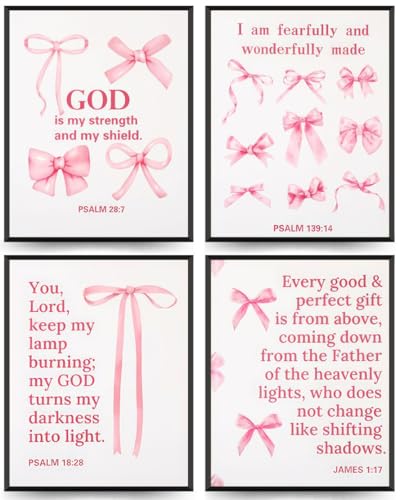 BWDDWB Coquette Pink Bow Wall Art Posters Christian Inspirational Bible Verses Canvas Print Paintings Cute Girly Preppy Wall Decor for Bedroom Dorm 16x12In Set of 4 Pcs (UNFRAMED) - color: Pink Bow, size: 16"L x 12"W
