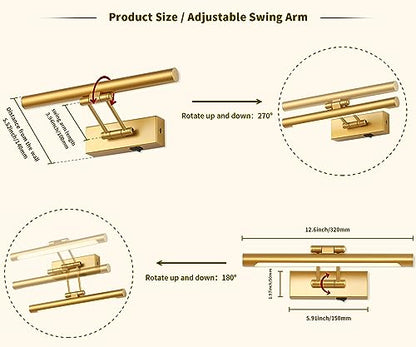 Battery Operated Picture Lights with Remote and Timer,Wireless Art Light for Paintings with Adjustable Swing Arm Gold Gallery Lights 12in Rechargeable Wall Sconce - color: Model B-Gold