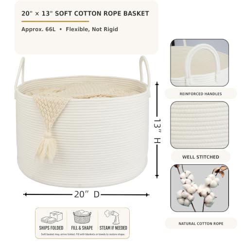XUANGUO 66L Large Blanket Basket, Round Cotton Rope Basket, White - color: white