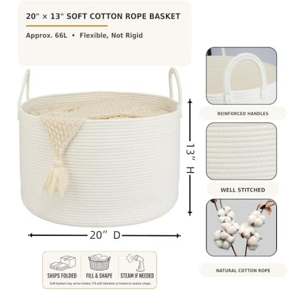 XUANGUO 66L Large Blanket Basket, Round Cotton Rope Basket, White - color: white