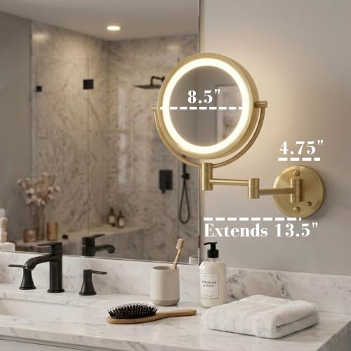 JERDON Hardwired Wall-Mount Makeup Mirror - 8X/1X - Gold - HL88BGLD - color: Gold Direct Wire