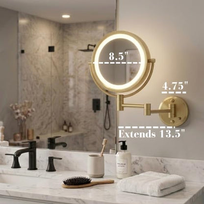 JERDON Hardwired Wall-Mount Makeup Mirror - 8X/1X - Gold - HL88BGLD - color: Gold Direct Wire