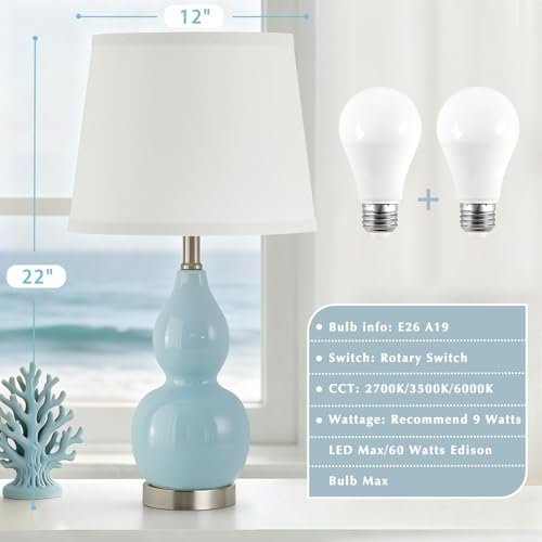 GyroVu 22" Table Lamp Set of 2, Color Temperature Adjustable Double Gourd Ceramic Lamps Classic Nightstand Table Lamps for Bedroom Beside Lamps for Living Room, Sky Blue-Bulbs Included - color: 22.63" Blue Gourd