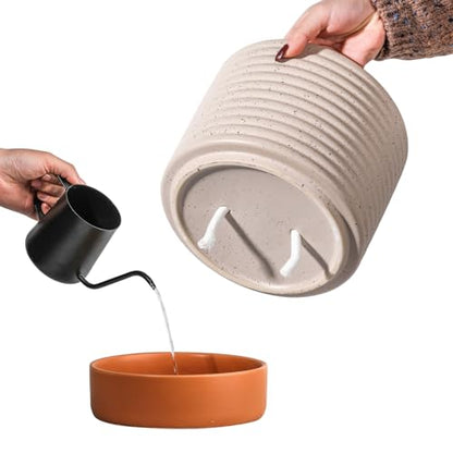 8 Inch Ceramic Self Watering Planter with Drainage Hole, Beige