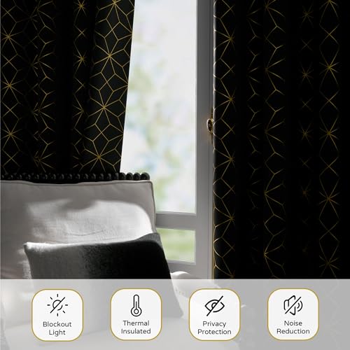 Beauoop Black Gold 100% Blackout Curtains for Bedroom 50x84 2 Panels - color: Black/Gold, size: 50"W x 84"L (Pack of 2)