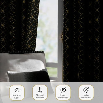 Beauoop Black Gold 100% Blackout Curtains for Bedroom 50x84 2 Panels - color: Black/Gold, size: 50"W x 84"L (Pack of 2)