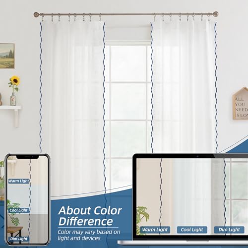 DriftAway Semi Sheer Scalloped Edge White Coastal Beach Window Curtains for Living Room Bedroom 2 Panels Rod Pocket Each Size 52 Inch by 96 Inch Navy - color: White Navy, size: 52"W x 96"L (Pack of 2)