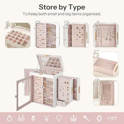 HOOBRO Jewelry Box with Mirror, Travel Jewelry Organizer with Glass Window - color: White + Gold