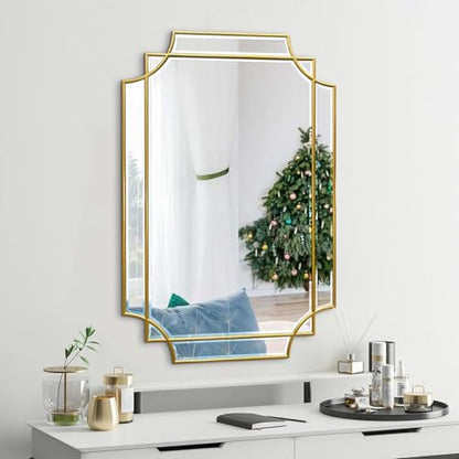36"x24" Gold Rectangle Beveled Mirror with Geometric Wood Frame - color: Gold, size: 36"L x 24"W