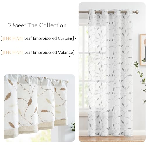 jinchan Sheer Valance for Window Gray Leaf Embroidered 18 Inch 1 Panel - color: Leaves | Grey on White