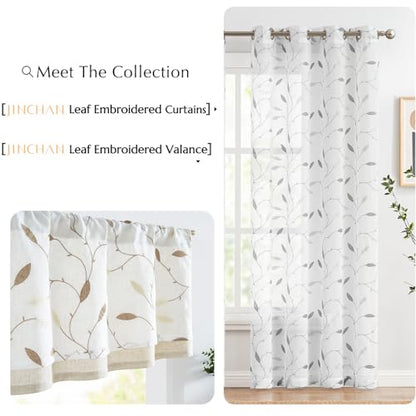jinchan Sheer Valance for Window Gray Leaf Embroidered 18 Inch 1 Panel - color: Leaves | Grey on White