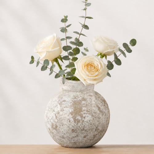 DOWAN 5.7'' Rustic Vintage Ceramic Vase for Home Decor, Distressed Textured Decorative Accent, Minimalist Farmhouse Pottery Neutral Flower Vase for Living Room, Shelf, Mantel & Entryway, Gray - size: 5.7''