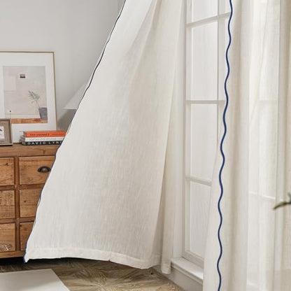 DriftAway Semi Sheer Scalloped Edge Linen Coastal Beach Window Curtains for Living Room Bedroom 2 Panels Rod Pocket Each Size 52 Inch by 90 Inch Navy - color: Linen Navy, size: 52"W x 90"L (Pack of 2)