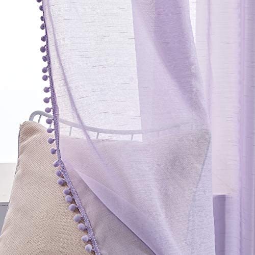 Pompom Sheer Curtains for Living Room 72" Lilac Girl Window Drapes Lavender - color: Lilac, size: 52"W x 72"L (Pack of 2)