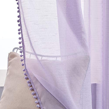 Pompom Sheer Curtains for Living Room 72" Lilac Girl Window Drapes Lavender - color: Lilac, size: 52"W x 72"L (Pack of 2)