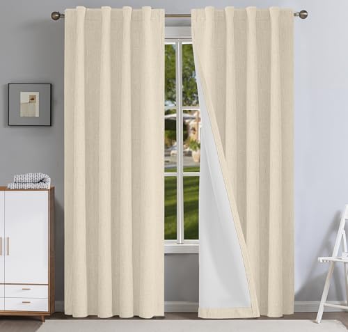 PFAS Free Ivory Linen Curtains 63 inch Length 2 Panels Set 100% Blackout Long Drapes for Bedroom Living Room Blackout Darkening Curtain Thermal Insulated (52x96 inch,Light Linen) - color: Light Linen, size: 52"W x 96"L (Pack of 2)