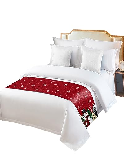 Red Snowman Christmas Bed Runners for Twin Size Bed, Xmas Tree Decorative Bed Throws for Foot of Bed, Winter Snowflake Bed Runner Sofa Throw Bedding Scarf Protector Slipcover for Bedroom/Hotel - color: Red Snowman, size: 71"x20" for Twin Bed