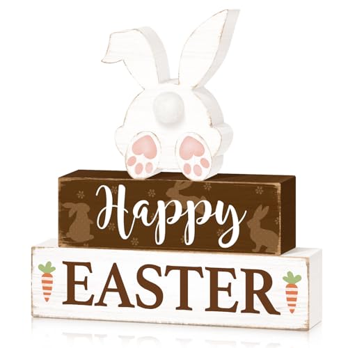 Happy Easter Bunny Table Sign Decorations, Easter Wooden Block Tabletop Centerpiece Signs, Rustic Farmhouse Spring Bunny Holiday Decorations for Tiered Tray Home Decor 3 Layered