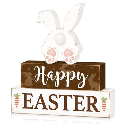 Happy Easter Bunny Table Sign Decorations, Easter Wooden Block Tabletop Centerpiece Signs, Rustic Farmhouse Spring Bunny Holiday Decorations for Tiered Tray Home Decor 3 Layered