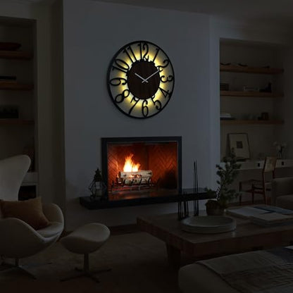 30" Silent Large Wall Clock – Glow Night Light, Battery Operated - color: Black Walnut - Arabic Numerals, size: 30 inch