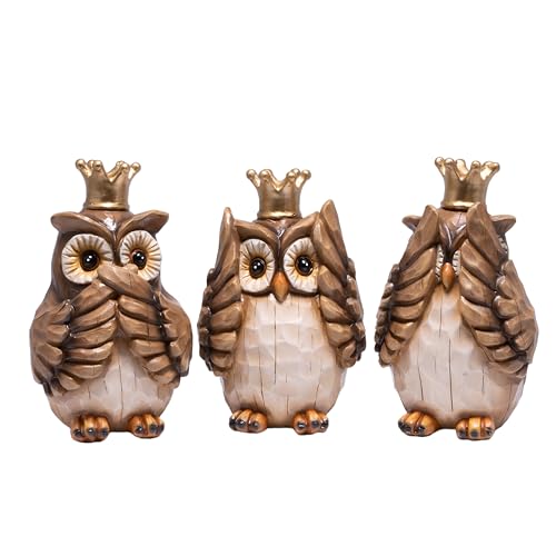 Hodao See No Evil Owl Figurines 3PCS, Crown Owl Decor, Home & Office Accent - color: Three Wise Owl