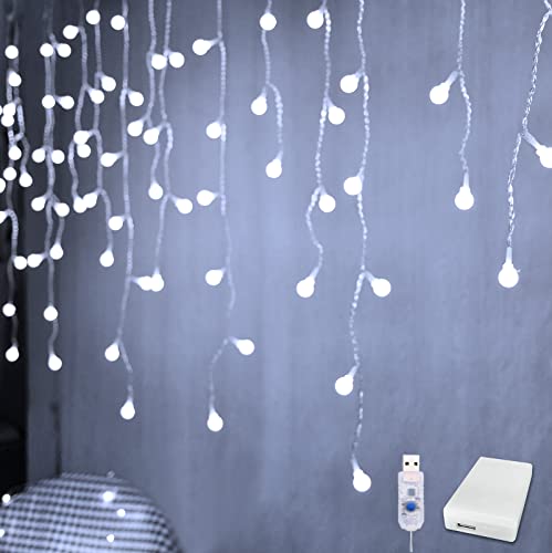 YOLIGHT Fairy Curtain Lights, USB/Battery Powered Ball Icicle Light 13ft 96 LED Globe String Hanging Lights for Bedroom Dorm Wedding Party Christmas Decoration (White) - color: White