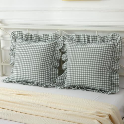 Mywinlle Dusty Green Gingham Plaid Ruffle Throw Pillow Covers 18"x18" - color: Dusty Green, size: 18" x 18" (Pack of 2)