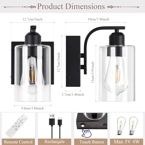 BELS 8 Inch Battery Operated Wall Sconces Set of 2, Farmhouse Wall Lights Fixture with Clear Glass, 4000K, Remote Control, Dimmable, Black Wall Sconces for Mirror, Bathroom, Bedroom - color: Black